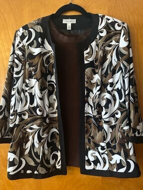 Dress Barn Black, Brown & White Printed Open-Front Jacket with Brown Tank Top